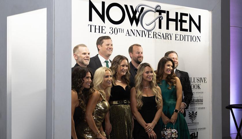 (Left to Right):  Alyssa Murphey, Lewis and Erica Cummings, Byron and Kacie Bevers, Ryan and Brittany Manicom, Kristen and Beau Johnson strike a pose in the “Now & Then: The 30th Anniversary Edition” to capture the fun evening together with TWCA community.