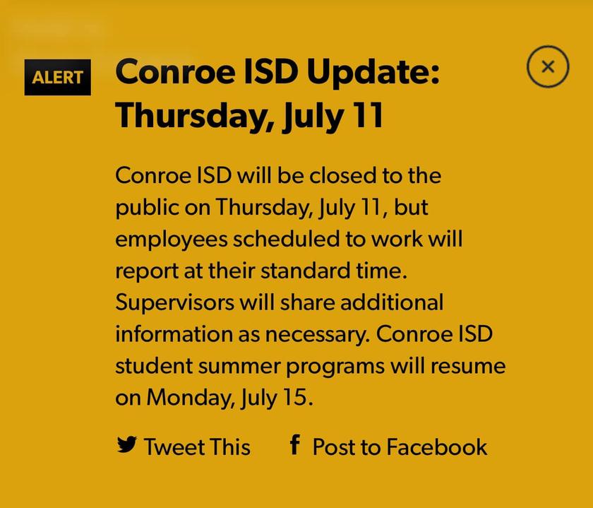 Conroe ISD Update for Thursday, July 11