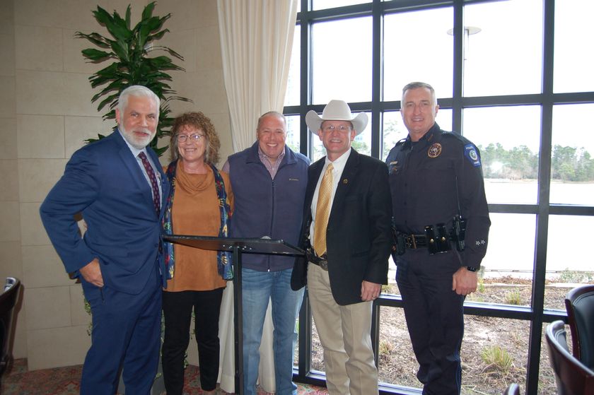 From left: District Attorney Brett Ligon; Victoria Constance, PhD, Executive Director of Children’s Safe Harbor; Pct. 3 Constable Ryan Gable; Sheriff Wesley Doolittle; Conroe Police Dept. Chief Jon Buckholtz. (Photo by Liz Grimm)